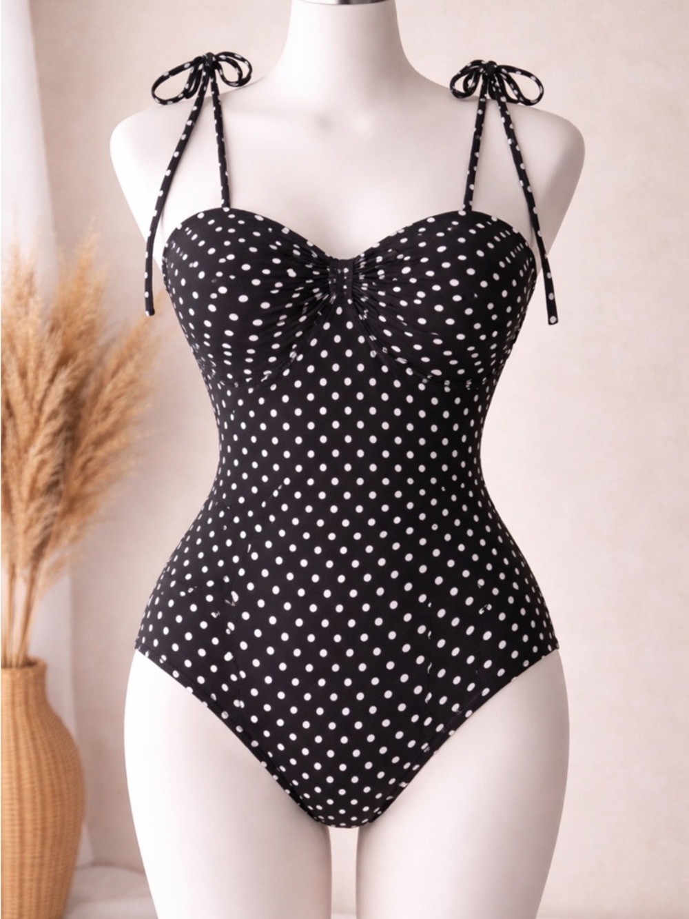Black & White Polka Dot Tie-Strap One-Piece Swimsuit